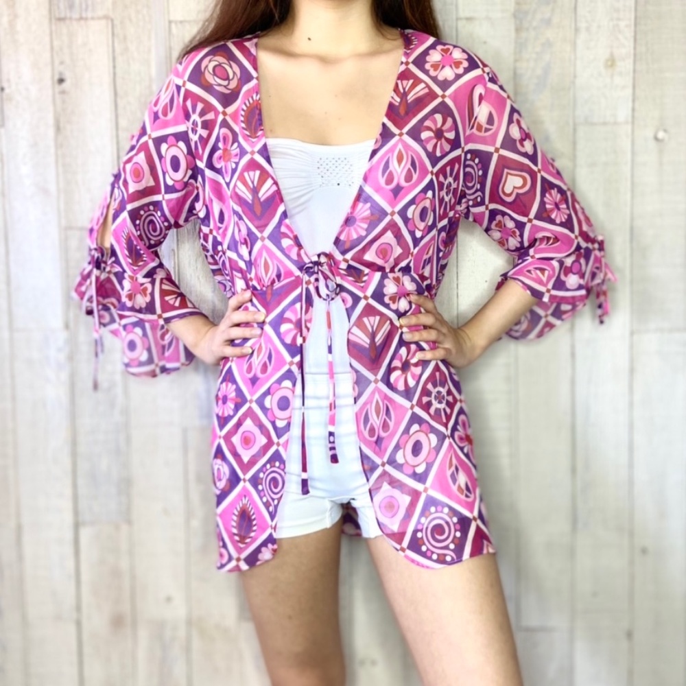 Bob Mackie Pink Groovy Silk Ruffle Blouse Top